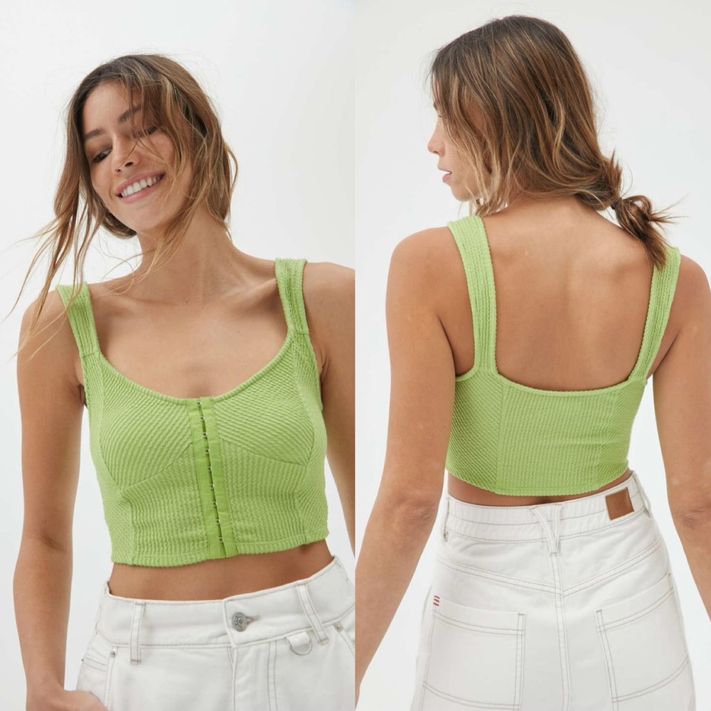 UO Textured Corset Crop Tank Top Green Small